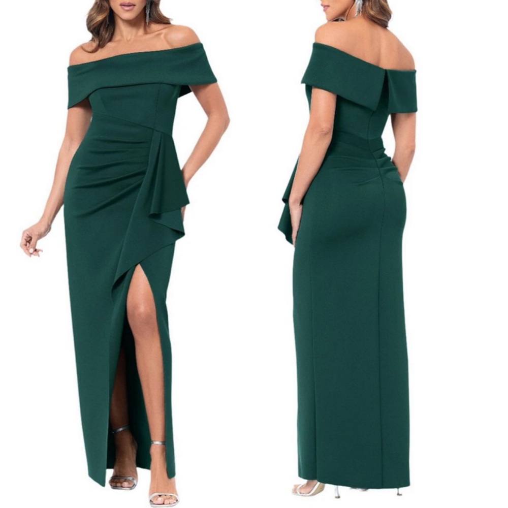 Xscape Off the‎ Shoulder Scuba Crepe Ruched Bodice Ruffle Front Gown Size 12